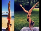Rachel Hunter Who Shows Off Her Amazing Bikini Body In Yoga Pose